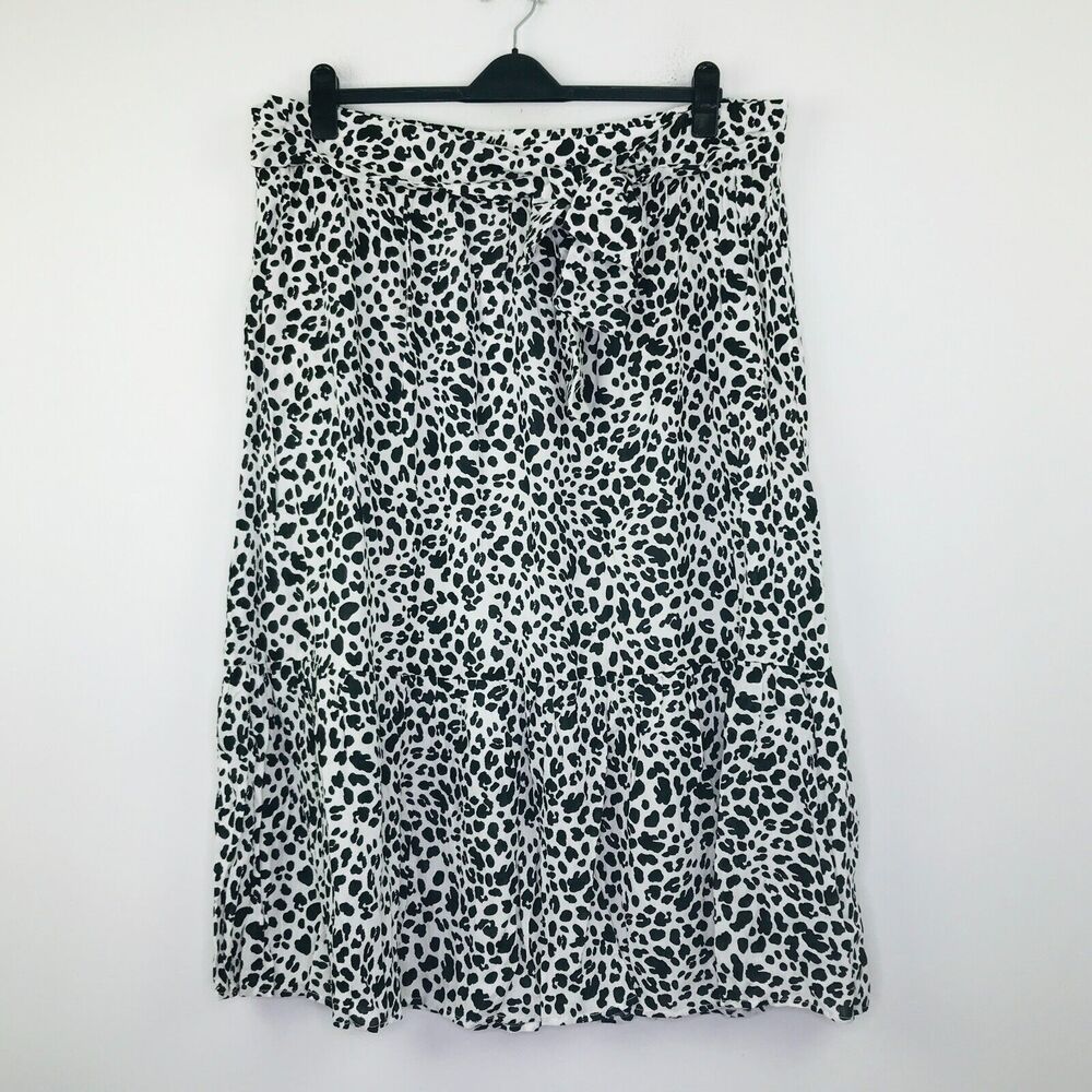 Gibson Women's 2X Skirt White Black Leopard Print Tie Waist Midi A-Line NWT CN11